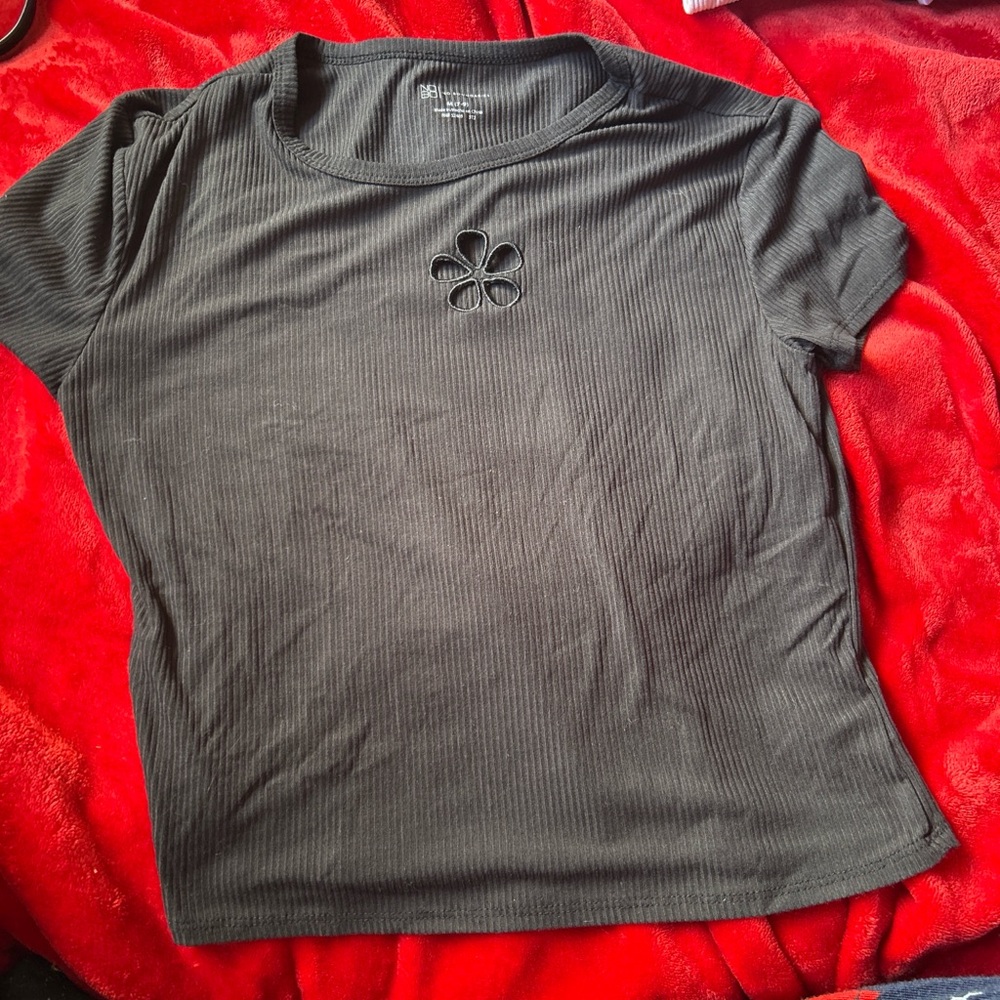 No Boundaries Black Ribbed Tee with Floral Cutout